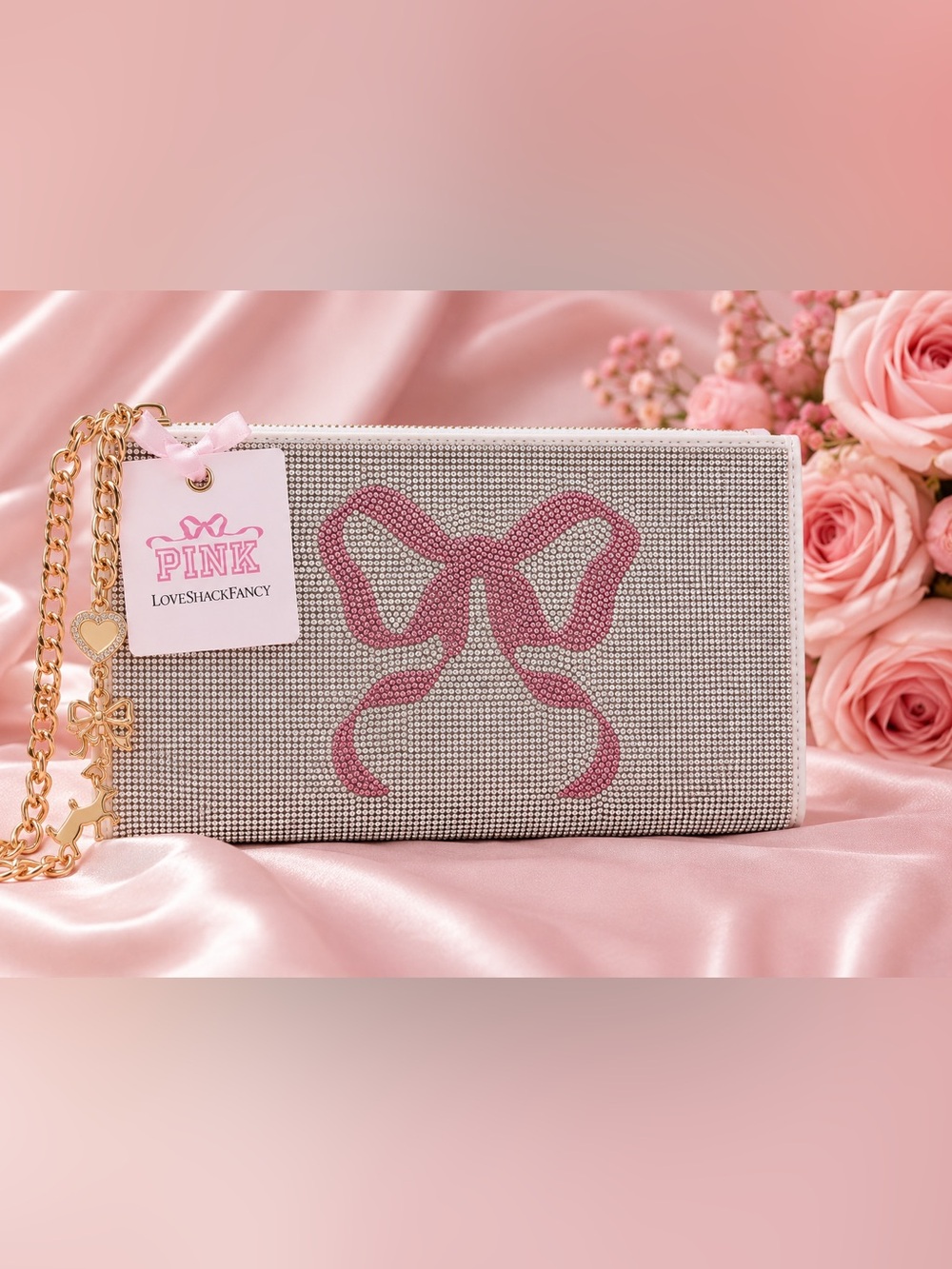 NWT PINK x LoveShackFancy Rhinestone Bow Wristlet Pouch Clutch